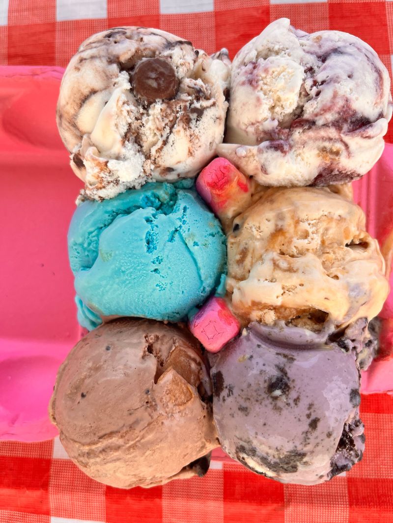 Colorful scoops overhead on red checkered cloth